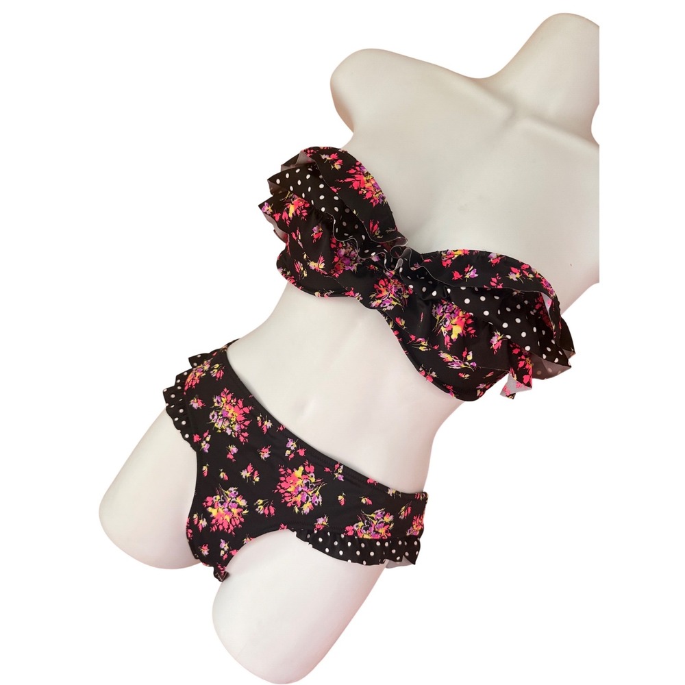 Victorias Secret Floral Polka Dot Ruffle Bandeau Bikini Set Black Pink